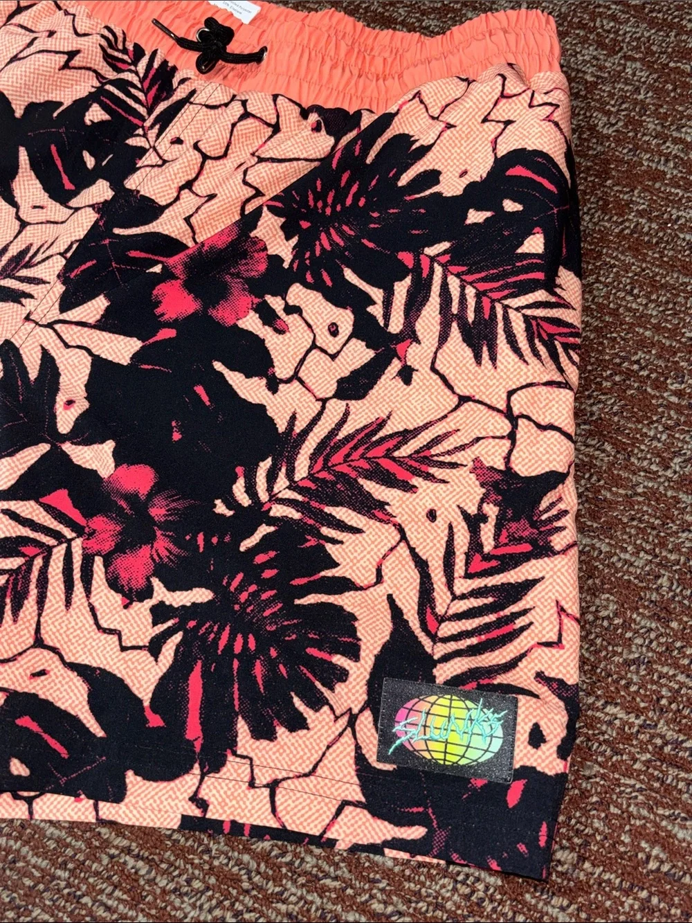 Slunks orange tropical print men’s lined shorts elastic waist beach volleyball